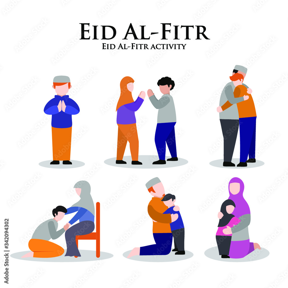 eid al-fitr activity, sorry's virtual set, apologize to a friend, apologize to the parents, the father hugs the child, mother hugs child, flat illustration eid al-fitr activity, sorry's virtual set, apologize to a friend, apologize to the parents, the father hugs the child, mother hugs child, flat illustration