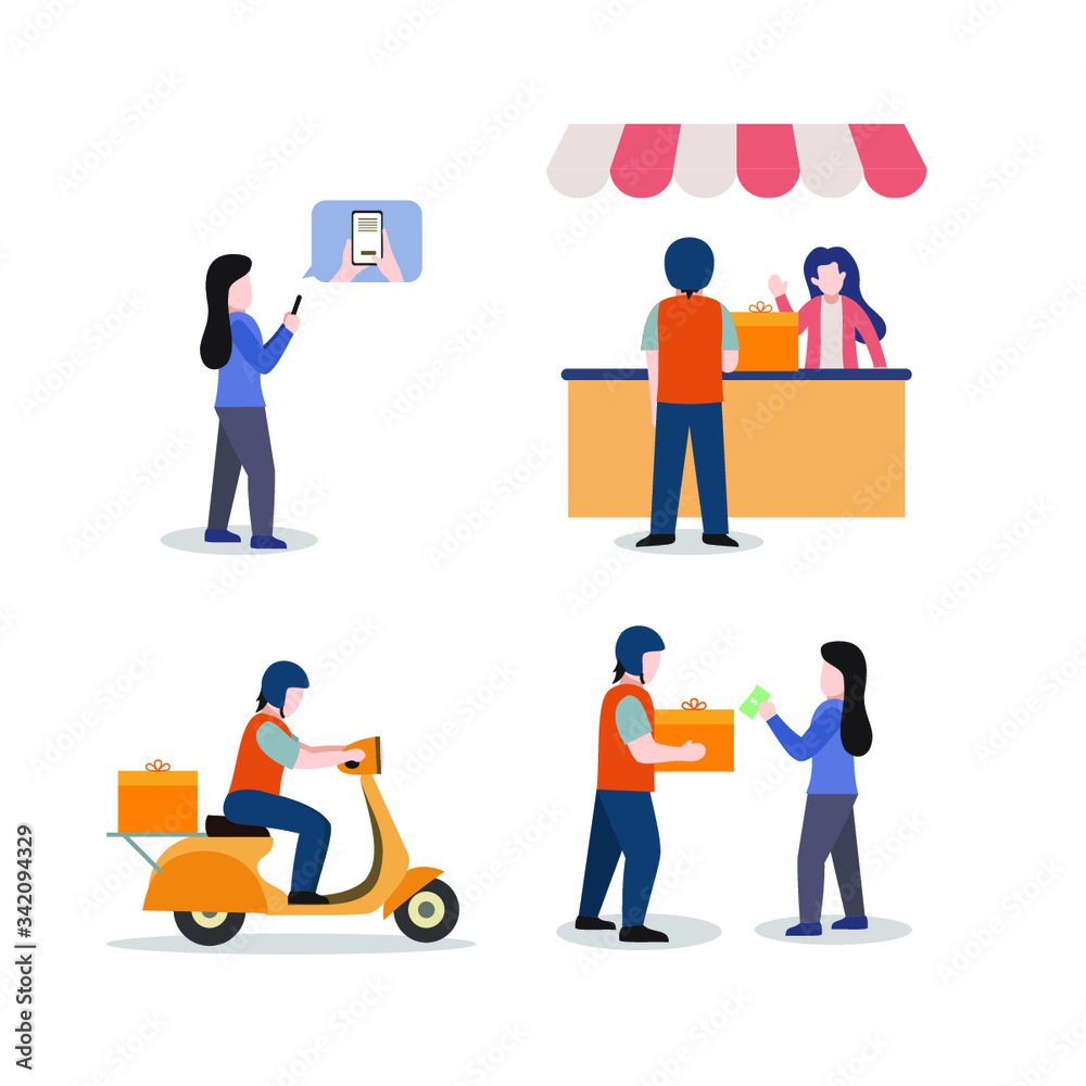 cash on delivery activity, online shop set, people are ordering, prepare goods, deliver goods by motorcycle, receive orders, flat illustration cash on delivery activity, online shop set, people are ordering, prepare goods, deliver goods by motorcycle, receive orders, flat illustration