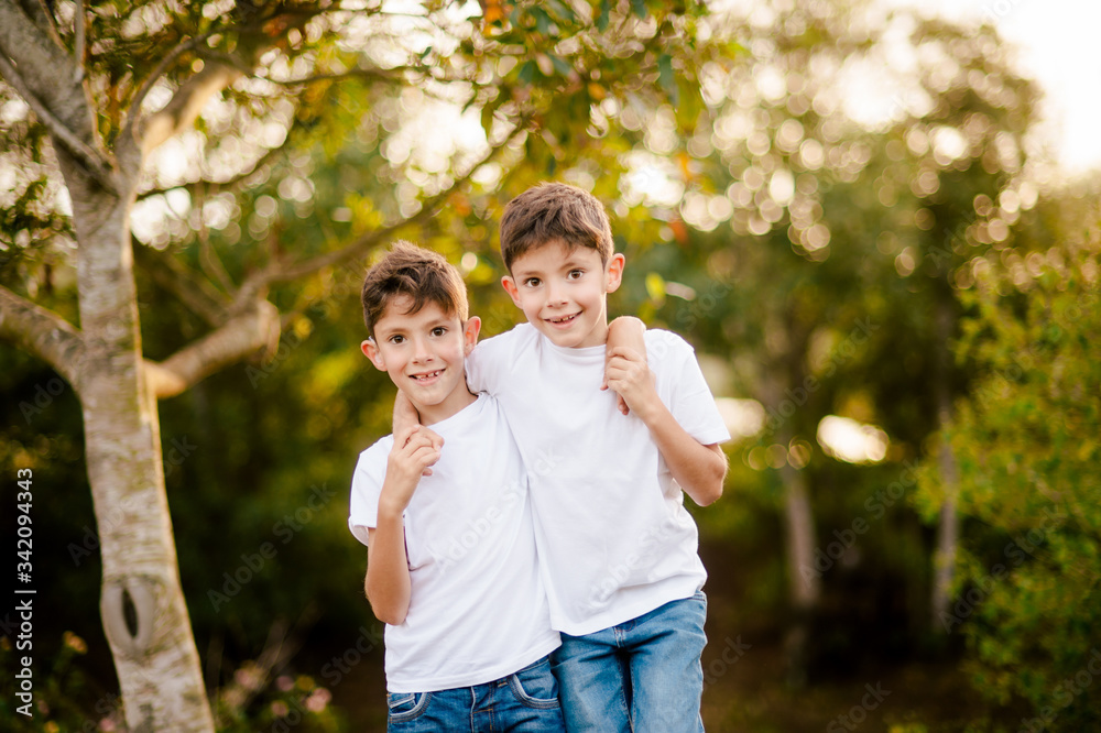 Happy twin boys hugging and looking at camera in park Happy twin boys hugging and looking at camera in park
