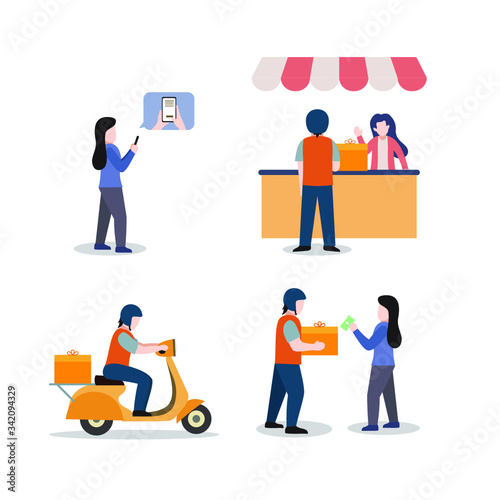 cash on delivery activity, online shop set, people are ordering, prepare goods, deliver goods by motorcycle, receive orders, flat illustration