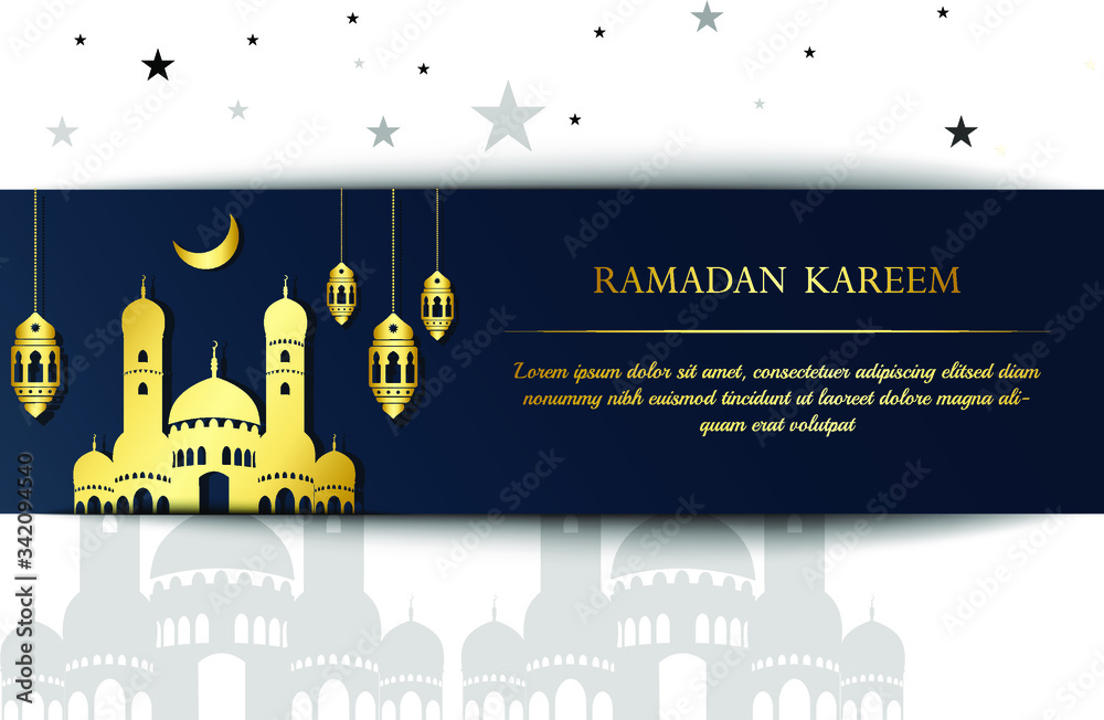 Ornate horizontal vector banner, vintage lanterns for Ramadan wishing. Decorin Eastern style. Islamic background.Ramadan Kareem greeting card, advertising, discount, poster.