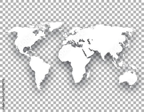 white world map with shadow on transparent background