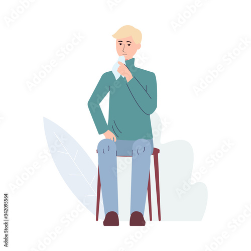 Flu and sickness with sick man having cough, flat vector illustration isolated.