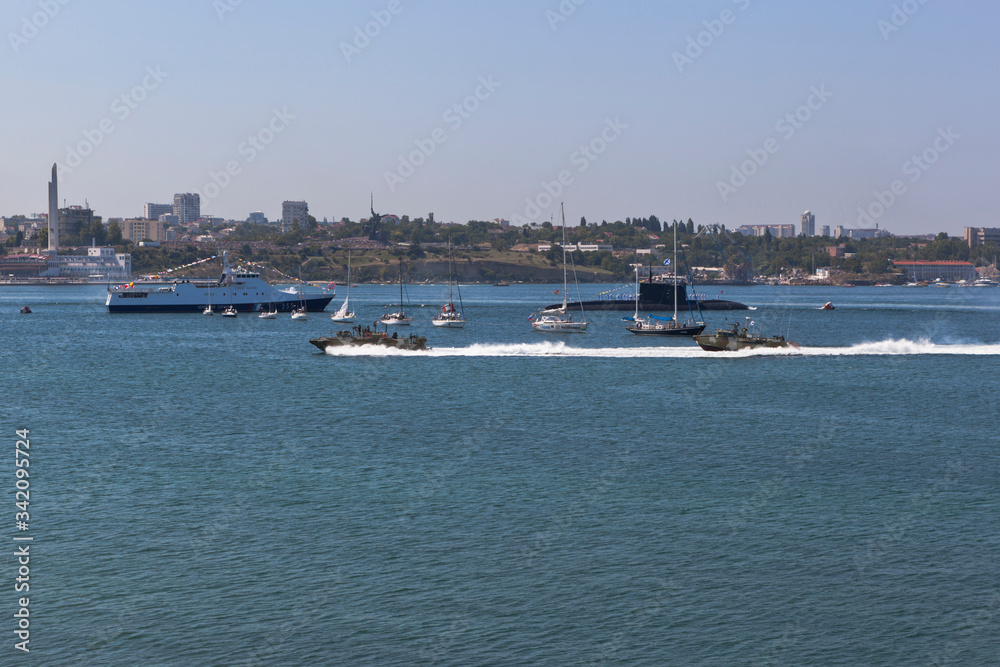 Raptor landing boats at the celebration of Navy Day in the Sevastopol Bay, Crimea