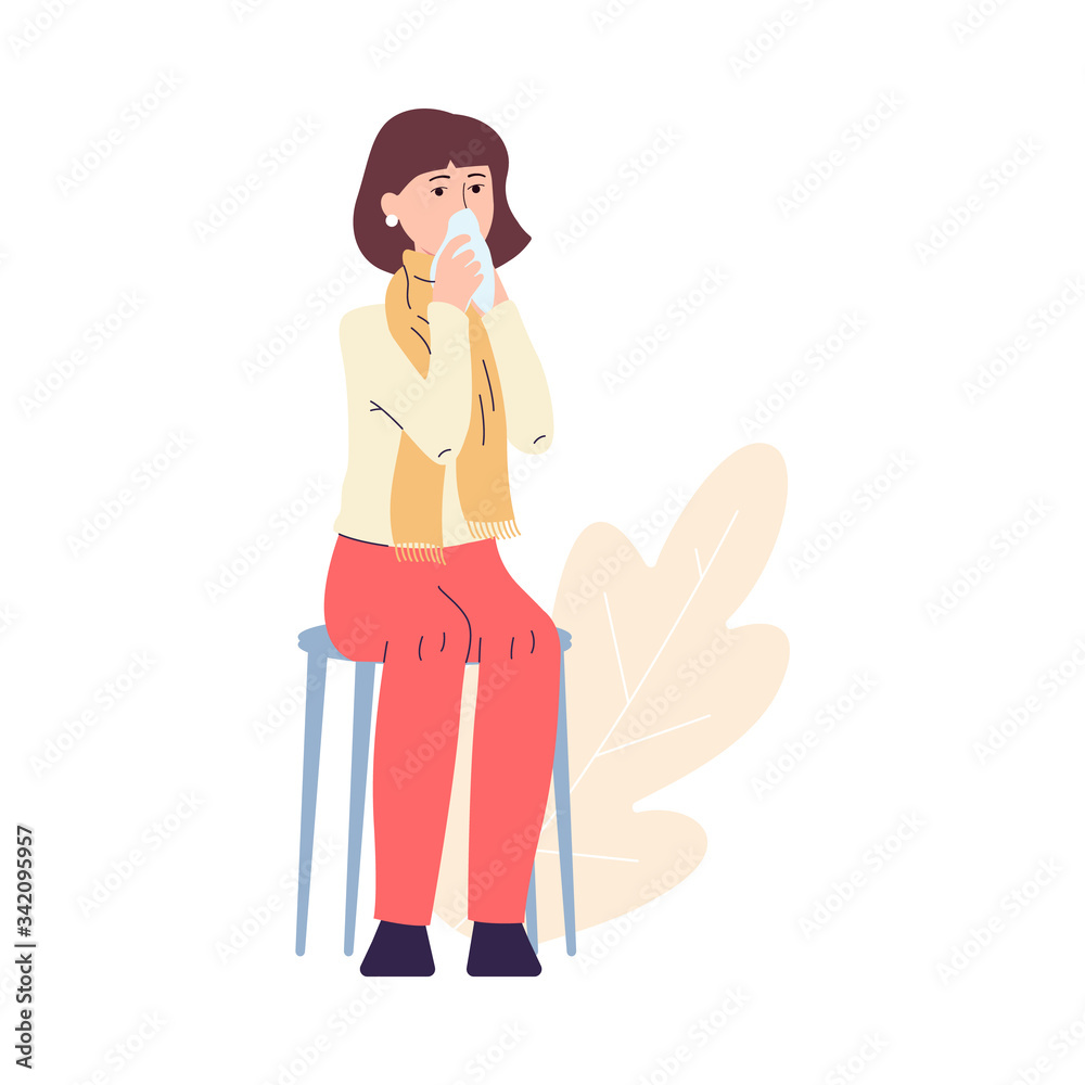 Sick woman blowing her nose on tissue - cartoon girl with flu or cold symptoms Sick woman blowing her nose on tissue - cartoon girl with flu or cold symptoms