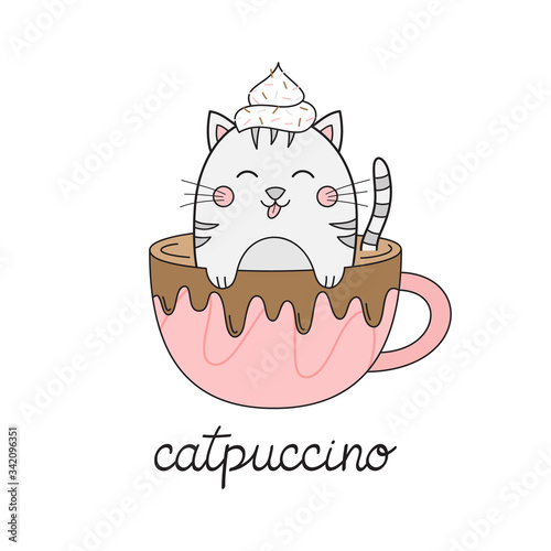 Cute cat in cappuccino vector illustration. Funny hand drawn kitten in coffee mug with whipped cream dollop on head and chocolate drizzle with catpuccino writing. Isolated.