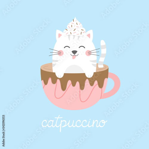Cute cat in cappuccino vector illustration. Funny hand drawn kitten in coffee mug with whipped cream dollop on head and chocolate drizzle on cup, with catpuccino writing. Isolated.