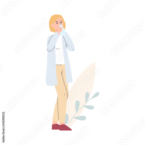 Flu sickness and virus disease with sick woman flat vector illustration isolated.