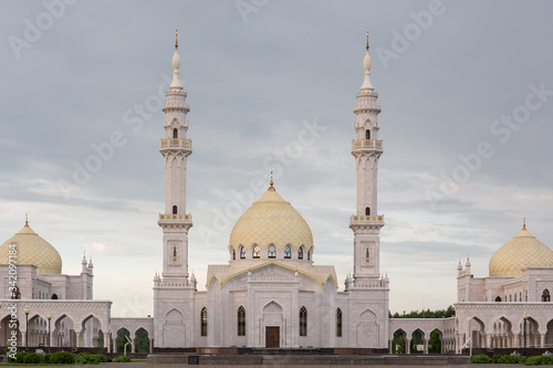 Beautiful white mosque in the city of Bulgar with a beautiful sky. Without people