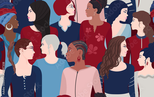 Group of multiethnic multicultural women who talk and share ideas and information. Communication diverse female portrait. Female's empowerment movement. Crowd women seamless pattern