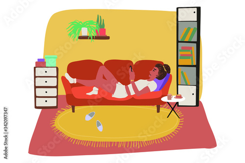 Fototapeta Naklejka Na Ścianę i Meble -  Young woman laying on the sofa and surfs internet on her smartphone.Colorful cartoon style illustration with lazy girl spending time inside the house.Apathetic mood concept.Sad woman stays at home.