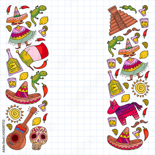 Travel to Mexico. Vector set with ethnic elemets for wallpapers, backgrounds. Day of the Dead