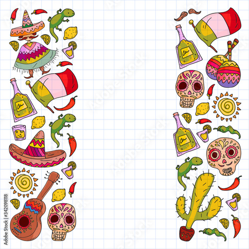 Travel to Mexico. Vector set with ethnic elemets for wallpapers, backgrounds. Day of the Dead