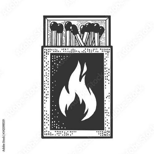 Matchbox with matches sketch engraving vector illustration. T-shirt apparel print design. Scratch board imitation. Black and white hand drawn image.