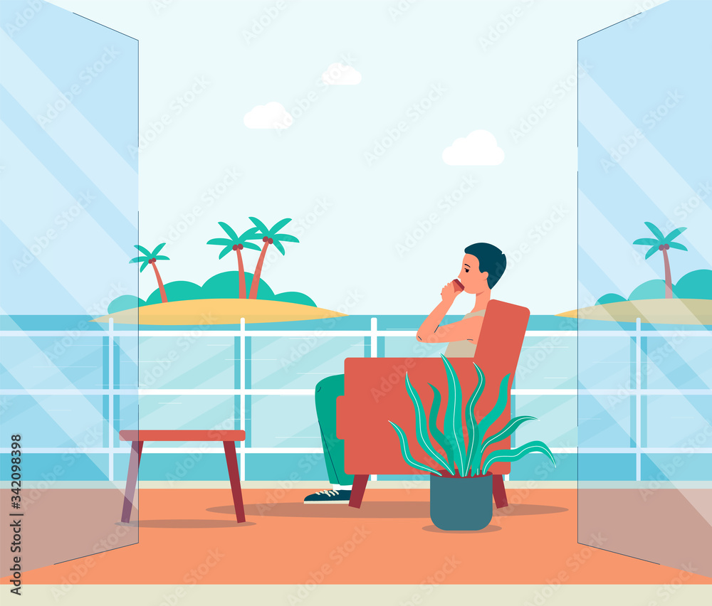 Fototapeta premium Man enjoying sea view on balcony or outdoor terrace, flat vector illustration.