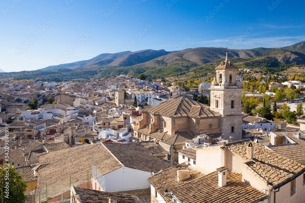  Panorama of the city of Caravaca de la Cruz with many houses with tiled roofs, a place of pilgrimage near Murcia in Spain