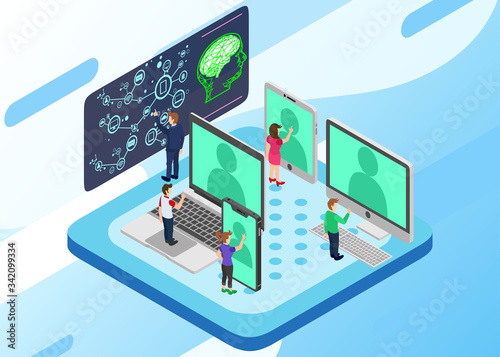 Isometric Vector Illustration Representing A People Group, Men and Women, Operating Some Devices or Gadgets for Information Technology Access