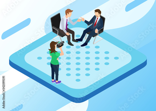 Isometric Vector Illustration Representing An Interview Session between a Presenter and a Businessman on A Talkshow Program © HellasFellasStd