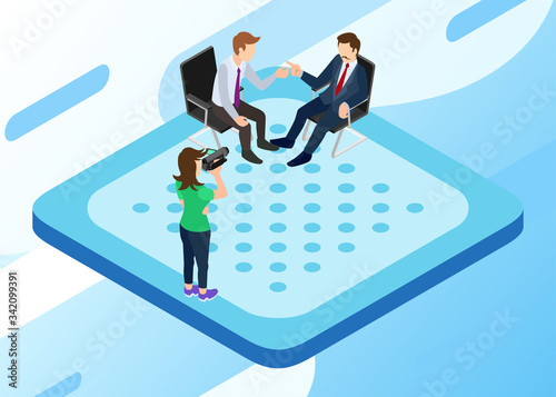 Isometric Vector Illustration Representing An Interview Session between a Presenter and a Businessman on A Talkshow Program