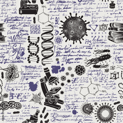 Vector seamless pattern on the theme of chemistry, biology, genetics, medicine in retro style. Hand-drawn background with sketches, doodles, unreadable notes, illegible entries and ink blots