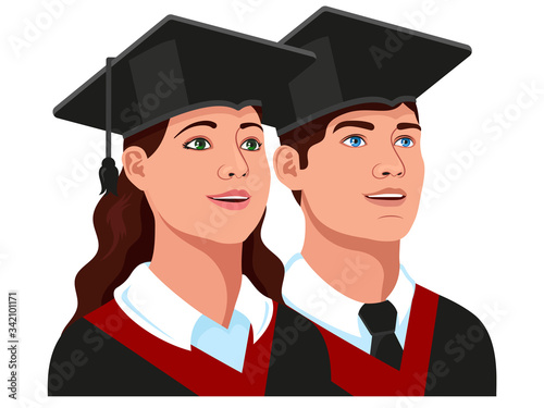 College girl and boy students, university graduates in graduation cap and gown set. Vector illustration.