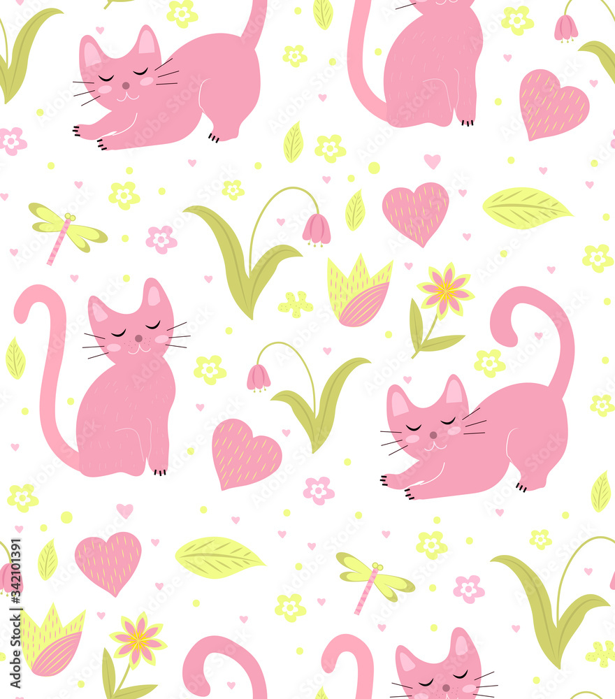 Cute cats seamless pattern. Kittens endless background, repeating texture. Vector illustration Cute cats seamless pattern. Kittens endless background, repeating texture. Vector illustration