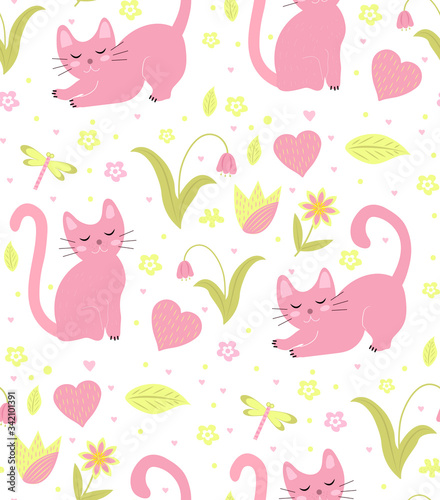 Cute cats seamless pattern. Kittens endless background, repeating texture. Vector illustration