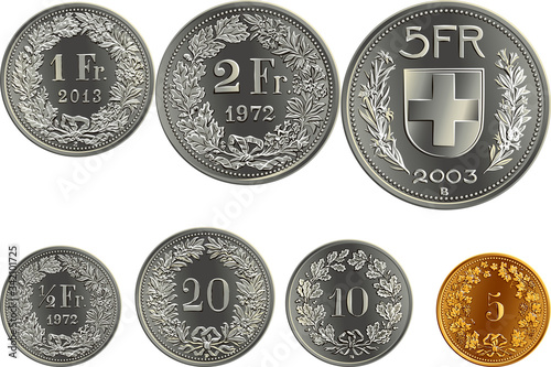 Set of Swiss Francs money, official coin in Switzerland, reverse faces with federal coat of arms, value, year, branches of plants photo