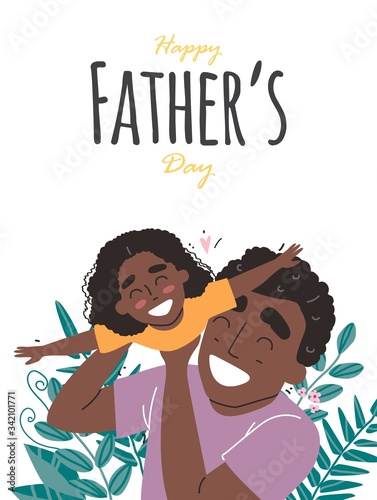Fathers day, happy family, Black african american daughter plays with dad and smiling