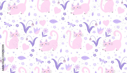 Cute cats seamless pattern. Kittens endless background, repeating texture. Vector illustration