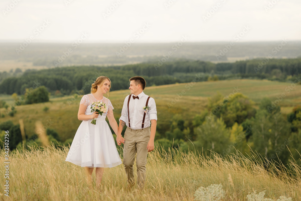 A loving couple walks against the backdrop of a beautiful view. Wedding day. Bride and groom. A loving couple walks against the backdrop of a beautiful view. Wedding day. Bride and groom.
