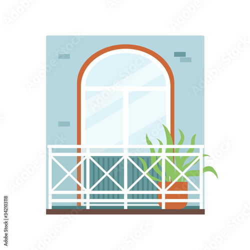 Fragment of building facade with comfy balcony flat vector illustration isolated.