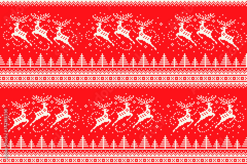 Winter Holiday Pixel Pattern with Reindeers Flying over the Winter Forest. Traditional Nordic Seamless Striped Ornament. Scheme for Knitted Sweater Pattern Design or Cross Stitch Embroidery.