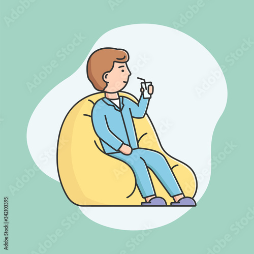 Pajamas Party Concept. Young Boy Is Sitting On Padded Stool And Drink Cocktail. Smiling Man In Pajamas Relaxing At Home On Abstract Background. Cartoon Outline Linear Flat Style Vector Illustration