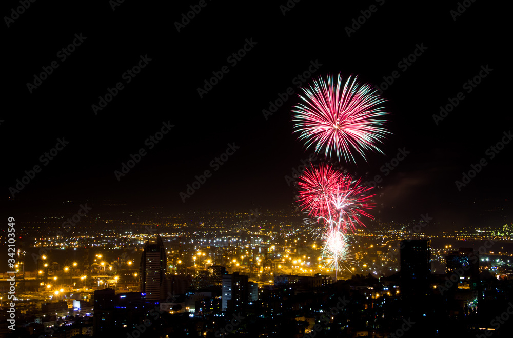 beautiful fireworks for Independence Day of Israel in the city of Haifa