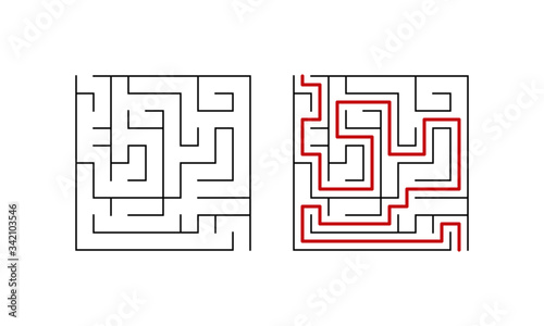 Labyrinth maze game for little children. Simple puzzle with solution. Vector illustration.