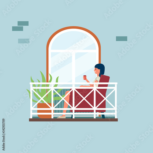 Woman on balcony near flowerbed holding tea cup, flat vector illustration.