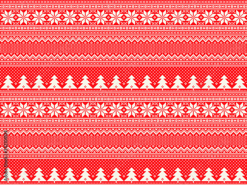 Winter Holiday Pixel Pattern with Christmas Trees. Traditional Nordic Seamless Striped Ornament. Scheme for Knitted Sweater Pattern Design or Cross Stitch Embroidery.