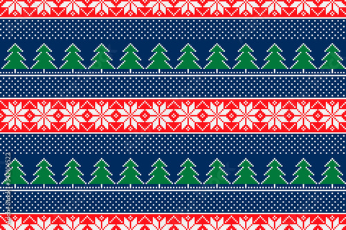 Winter Holiday Pixel Pattern with Christmas Trees. Traditional Nordic Seamless Striped Ornament. Scheme for Knitted Sweater Pattern Design or Cross Stitch Embroidery.