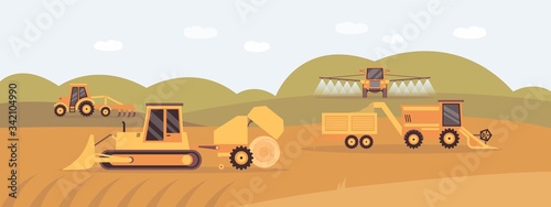 Background with agricultural machinery works in field, flat vector illustration.