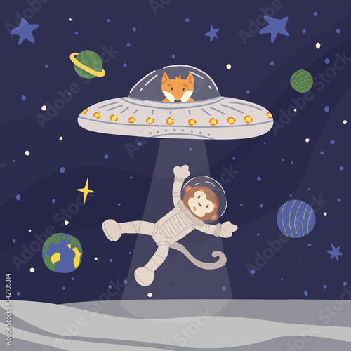 Funny alien fox in UFO with ray of light from spaceship kidnapping monkey astronaut from Moon. Outer space with stars and planets background. Cute isolated vector illustration in flat style.
