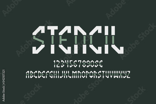 Stencil artistic display font. Gray white angular letters, numbers and currency signs. Isolated english alphabet. Vector monochrome lettering.