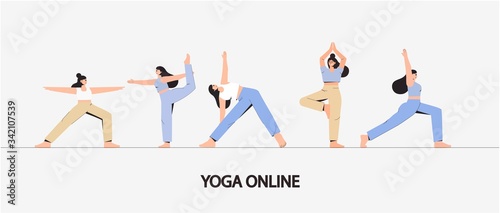 Concept sport in home and fitness, healthy lifestyle. Young woman in different yoga poses isolated on white background. Flat style vector illustration. 