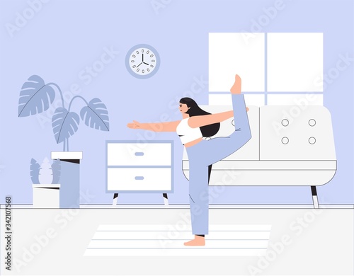 A young woman doing yoga in a cozy room with a modern interior, the concept of online yoga and stay at home. Flat style vector illustration. Sport and fitness, healthy lifestyle.