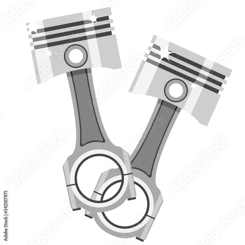 Two pistons with connecting rods, parts of an internal combustion engine on a white