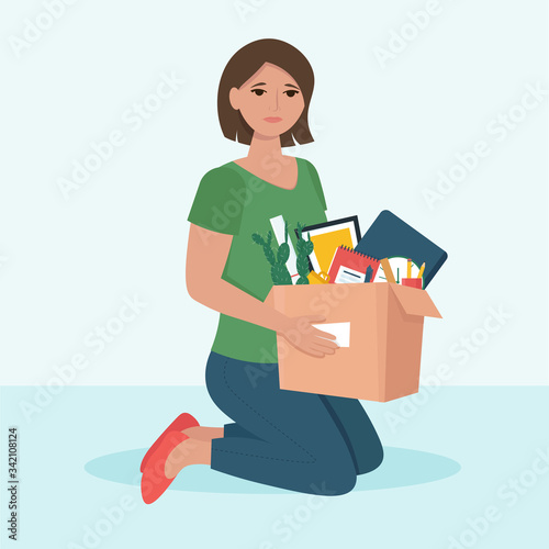 Woman with a box of things fired from work. Firing from a job concept, dismissed. Vector illustration in flat style