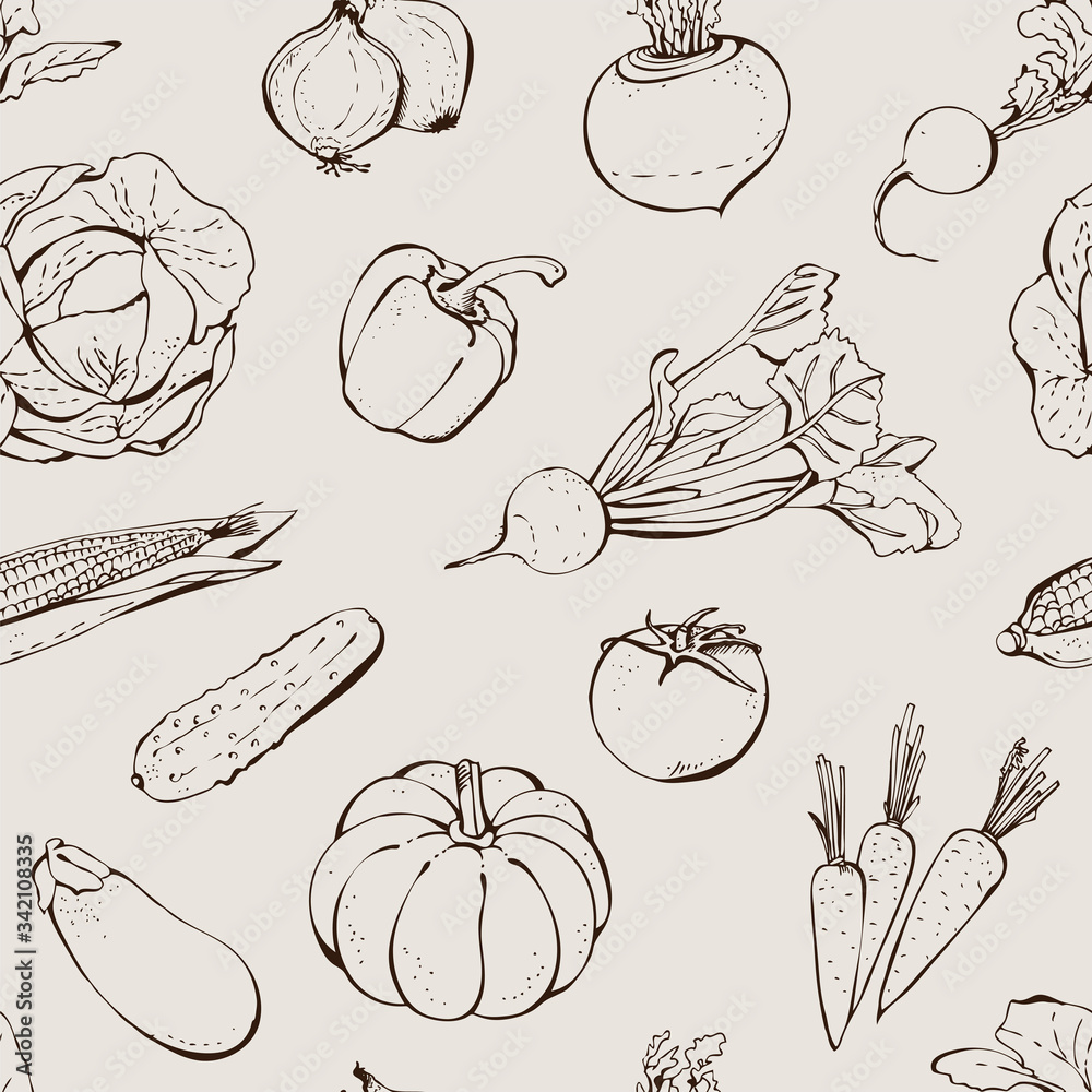 Vegetables hand drawn pattern, seamless vector food background