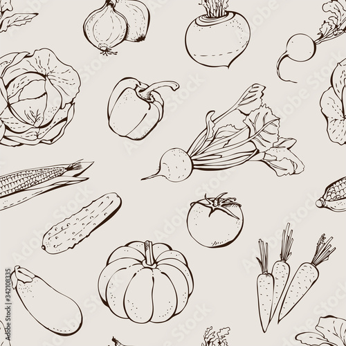 Vegetables hand drawn pattern, seamless vector food background