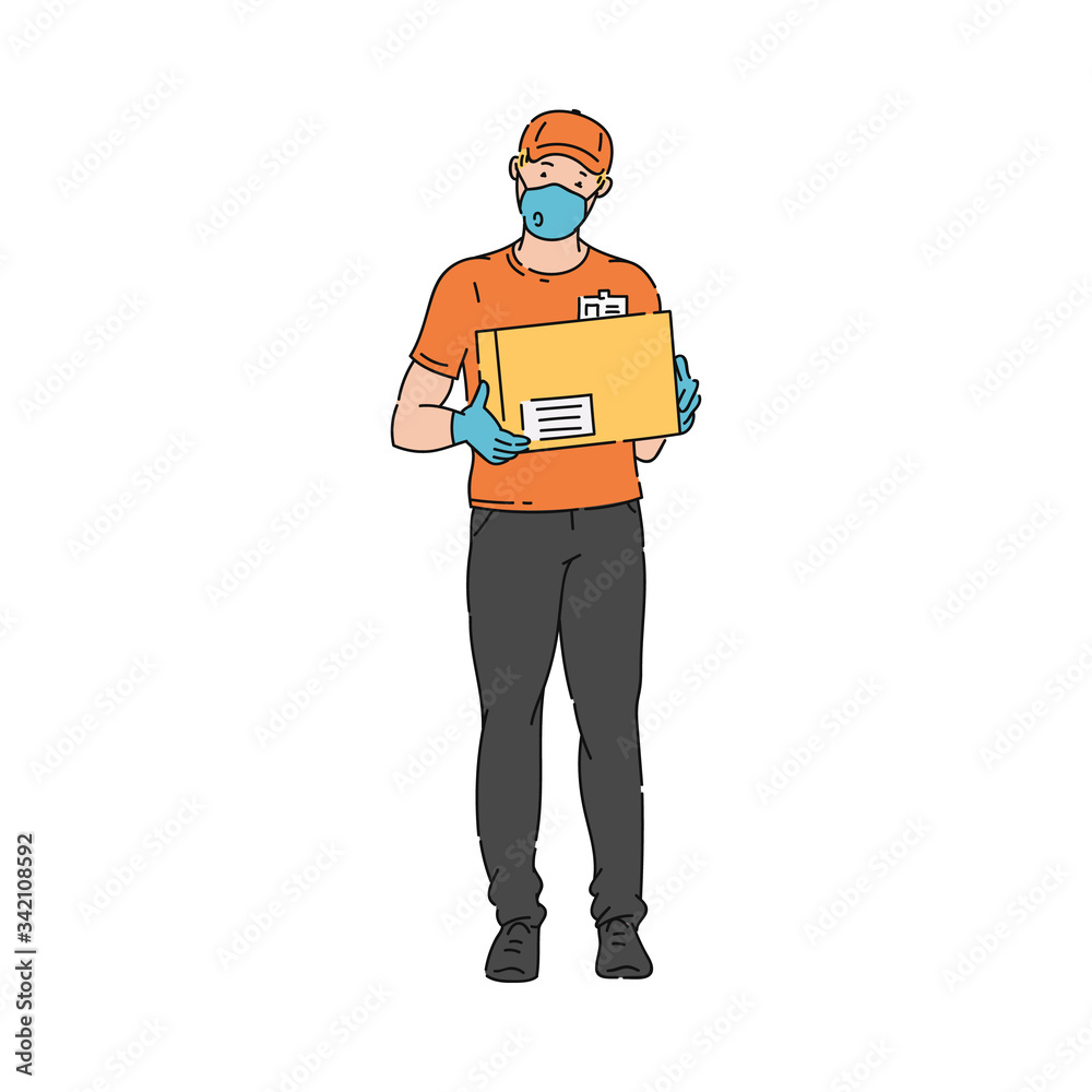 Delivery man in medical mask and gloves - coronavirus protection kit. Delivery man in medical mask and gloves - coronavirus protection kit.