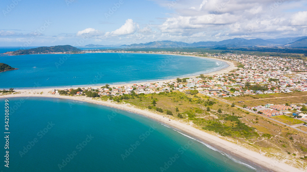 Aerial view of Sonho beach and Pinheira beach, in Palhoça. Beautiful beach in Santa Catarina, Brazil